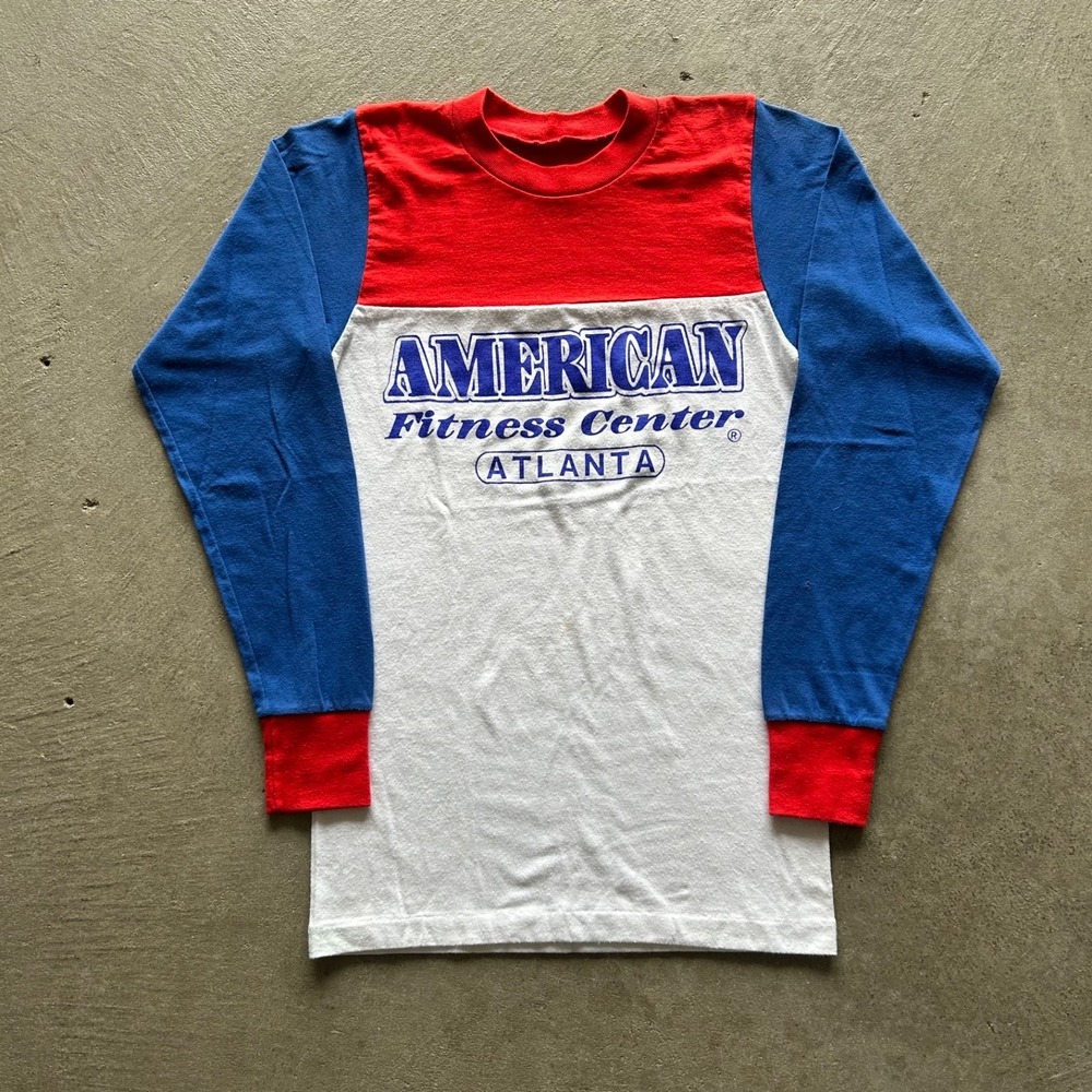 Vintage 80s American Fitness Center Long Sleeve Shirt Size Small White Atlanta